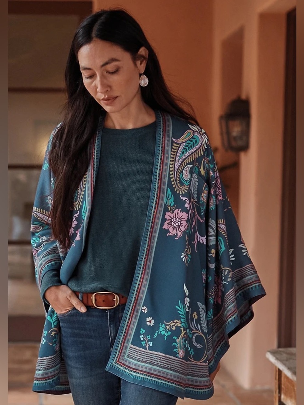 NWT J. Jill Teal, Navy & Brown Paisley Reversible Open Cardigan/Ruana (ABBA)